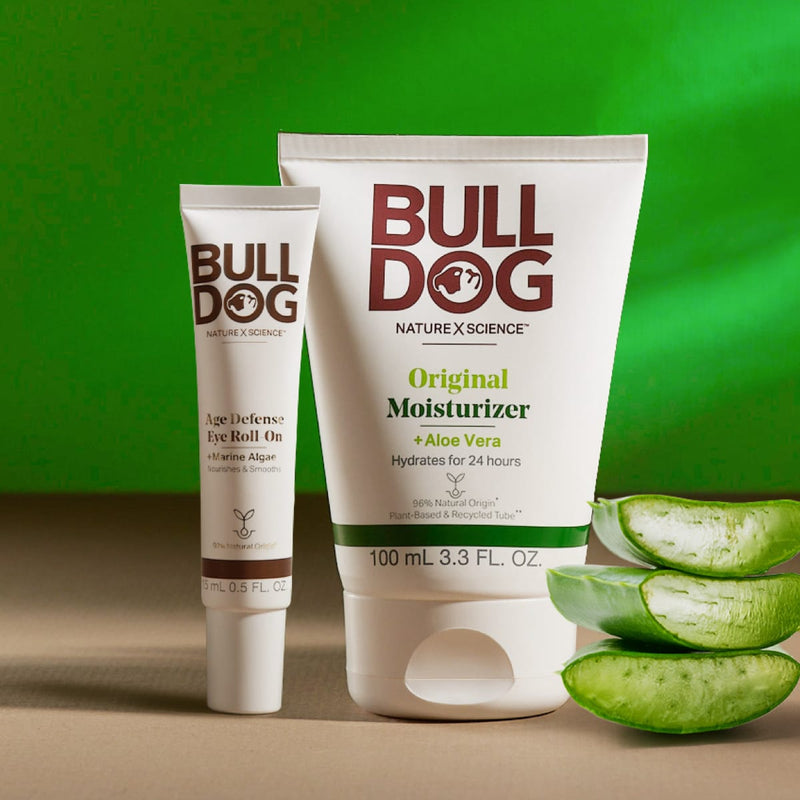 Skincare items featuring the Oil Control Moisturizer, Original Face Wash, Age Defense Eye Roll-On and Original Face Scrub. 